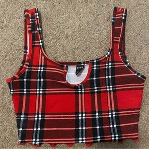 Notch neck lettuce trim plaid crop tank top